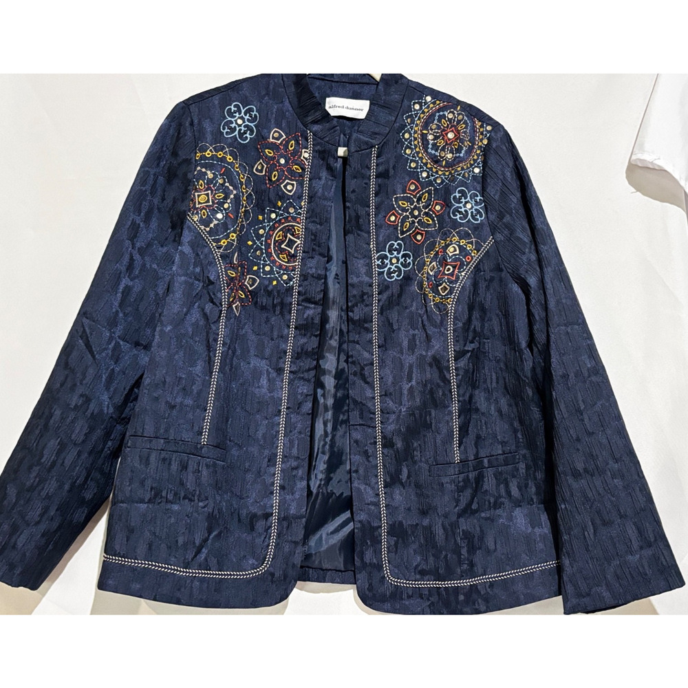 New Womens Blazer Jacket Blue Crinkle Silky Textured embroidery Sz 16 Artsy boho